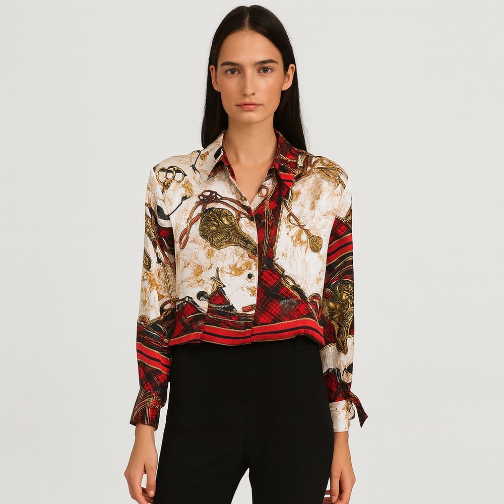 Just Cavalli Equestrian Baroque Print Blouse – Silk-Feel Designer Top (Size 40)